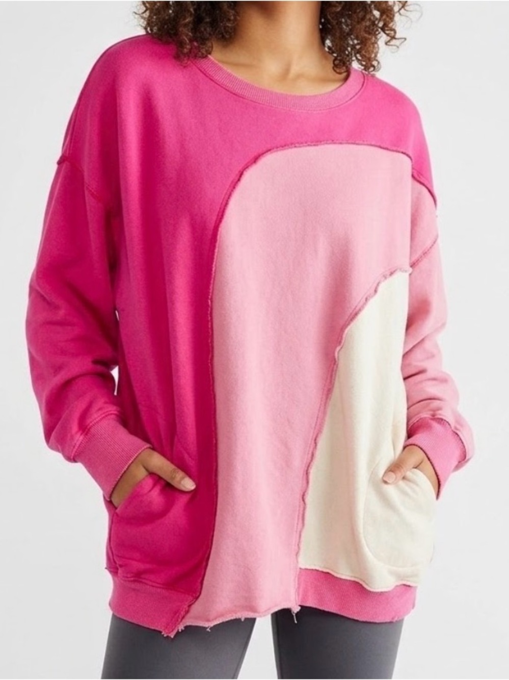 Colorblock Oversized Crewneck Sweater - Pink, Light Pink & Cream